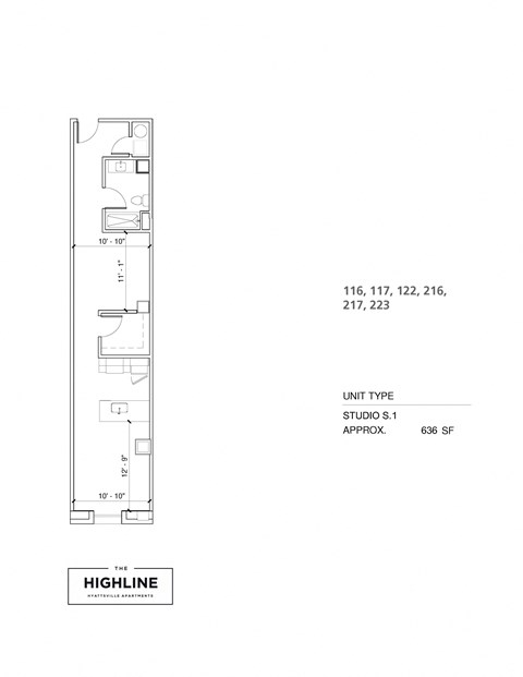 Floor plan for studio, 1 bath, 635 sqft